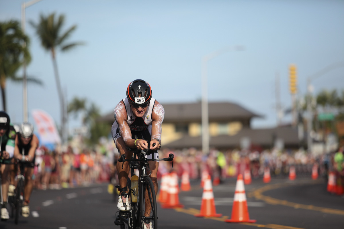 Kailua Kona Ironman World Championships 2016 athlete covered in sunscreen on bike