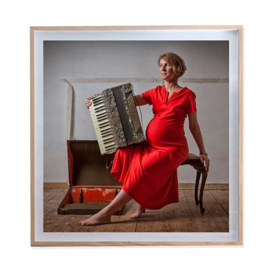 Balancing Act print Aldona Kmiec Artist Dreamscapes pregnant woman in red dress