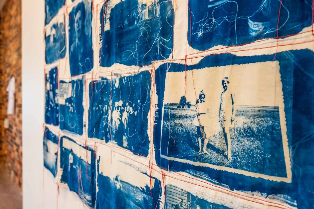 Cyanotype commission Melbourne Bloodline, Hand-stitched cyanotype textile artwork